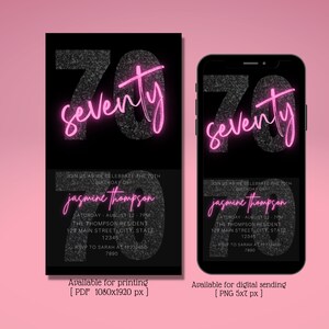 Digital Pink Neon 70th Birthday Invitation, Glitter, Electronic Birthday Party Invite, Editable Template, Phone Evite, Instant Download
