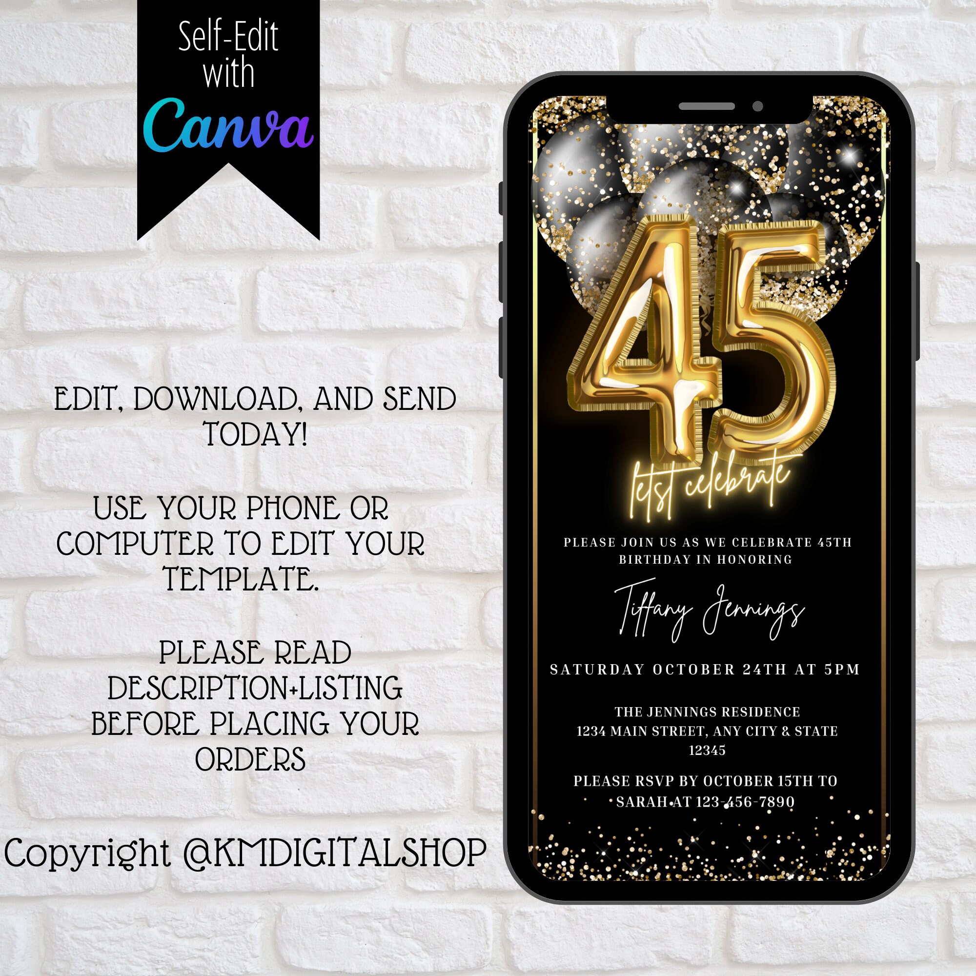 45th Birthday Party Invitation, Digital 45th Phone Text Message Email ...