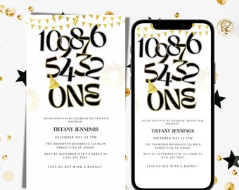 May include: A New Year's Eve party invitation with gold and black accents. The invitation features a festive design with the numbers 109876, 5432, and ONE in bold black text. The text reads "Please join us as we celebrate the New Year hosted by Tiffany Jennings, December 31st at 7pm, The Thompson Residence 123 Main Street, City, ST. 00000, RSVP by December 15th to Sarah at (123)-456-7890, Lets go out with a bang!!"