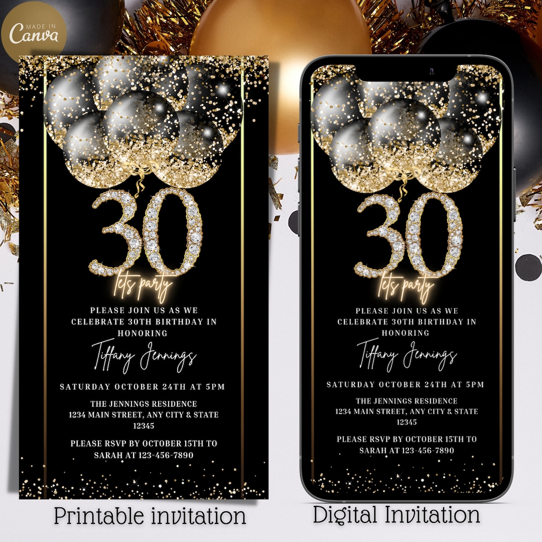 30th Digital Birthday Invitation, Electronic Black Gold Diamond 30th ...
