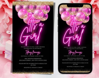 Digital It's a Girl Neon Pink and Gold Invitation, Electronic Baby Shower Text Message Invite, Balloons, Editable Invitation, Digital Evite