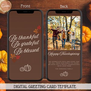 Electronic Happy Thanksgiving Greeting Card, Family Photo Thanksgiving Ecard, Digital Be Thankful Grateful and Blessed, Editable Template