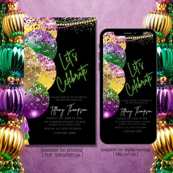 Invitation électronique Célébrons la fête du Mardi Gras, invitations à la fête du Mardi Gras, Green Purple Gold, fête masquée, téléchargement instantané