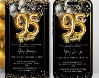 95th Birthday Party Invitation, Digital Party Phone Text Message Email Evite, Balloons Black Gold, Editable Invitation, Instant Download