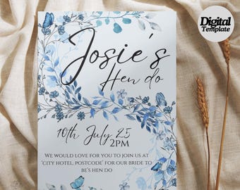 Hen Do Digital Invitation Template | Blue Floral Editable Hen Party Invite | Instant Download | Elegant Botanical Bridal Shower Invite