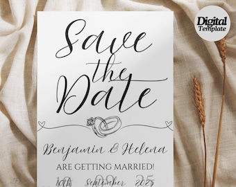 Save the Date Template | Black and White Wedding | Editable Save the Date Template | Instant Download | Minimal Classic Script Design