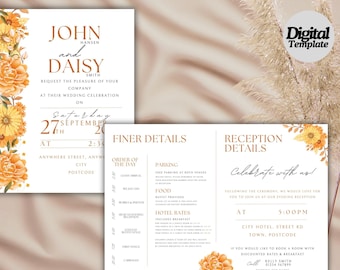 Floral Orange Wedding Invitation | Editable Digital Template | Orange Booklet Style Wedding Invite | Editable wedding invitation