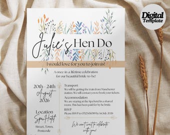 Editable Floral Hen Do Invitation | Elegant Bachelorette Party Invite | Wild flower | Editable Digital Download