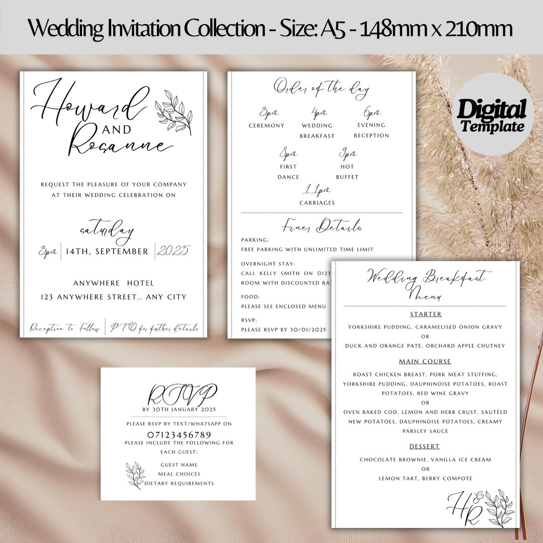 Menu Order Invite Wedding Invitation, RSVP, Order of the Day, Menu Editable Template ...