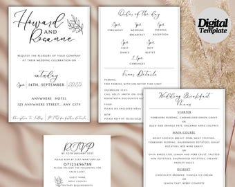 Wedding Invitation, RSVP, Order of the day, Menu Editable Template Collection | Black and White | Wedding invite template