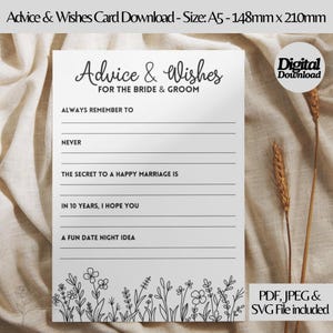 Afdrukbare kaart met huwelijksadvies en wensen | Zwart-witte bloemen | Niet-bewerkbare directe download | Trouwadvieskaart downloaden