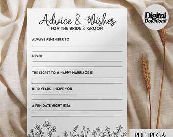 Printable Wedding Advice & Wishes Card | Black and White flowers | Non-editable Instant Download | Advice Card Download