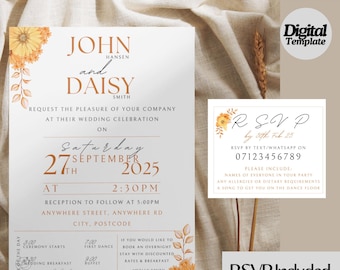 Editable Wedding invitation Template | Printable invitation | Digital Download - Easy Print | Floral Burnt Orange