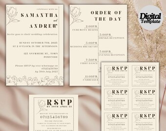 Floral Wedding Invite Template Collection | Order of the Day | RSVP | Editable Digital Download | Matching wedding stationary
