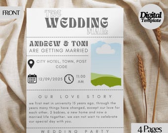 Wedding Newspaper Invitation Template | Instant Download | Personalised Invite & Favour