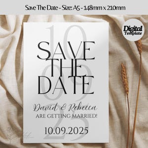 Plantilla para guardar la fecha / Boda en blanco y negro / Plantilla editable para guardar la fecha / Descarga instantánea / Diseño minimalista y elegante
