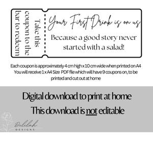 Cupón para bebidas de boda / Ficha para bebidas de eventos / Descarga instantánea / No editable / Regalos de boda / Decoración de boda DIY