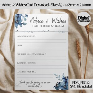 Printable Wedding Advice & Wishes Card | Blue Floral | Instant Download | Wedding decor | Wedding favours| Non-Editable PDF, JPEG and SVG