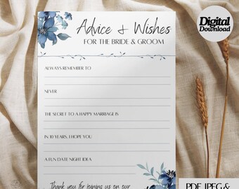 Printable Wedding Advice & Wishes Card | Blue Floral | Instant Download | Wedding decor | Wedding favours| Non-Editable PDF, JPEG and SVG
