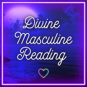 May include: A digital illustration of a moonlit night scene with the text "Divine Masculine Reading" in white cursive font. A rainbow heart is at the bottom of the image.