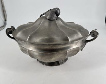 Vintage Gorham Pewter Covered Tureen Pear Finial Lid & Spoon Vegetable Serving Bowl