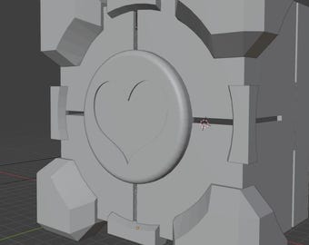 May include: A gray, cube-shaped object with a heart design on the front. The cube has a circular emblem with a heart in the center, surrounded by cross-shaped accents. The corners and sides have geometric shapes.