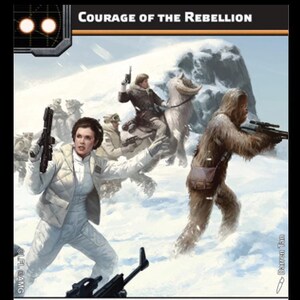 May include: A Star Wars trading card featuring a white and brown Wookiee, a woman in a white jacket and pants, and a man in a brown jacket riding a white Tauntaun. The card is titled "Courage of the Rebellion" and has the text "2 Units" and "Each friendly trooper unit that is issued an order using this card may recover. Echo Base Defenders."