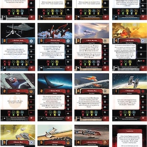 May include: A collection of Star Wars X-Wing Miniatures Game cards. Each card features a spaceship image, character name, and game statistics. The cards have a red and black color scheme with white text.