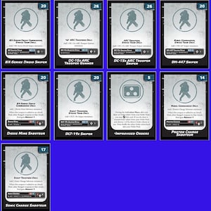 Puede incluir: Un conjunto de cartas del juego Star Wars Legion, con unidades como BX-Series Droid Sniper y ARC Troopers. Cada carta muestra estadísticas de la unidad y una silueta, sobre un fondo azul.