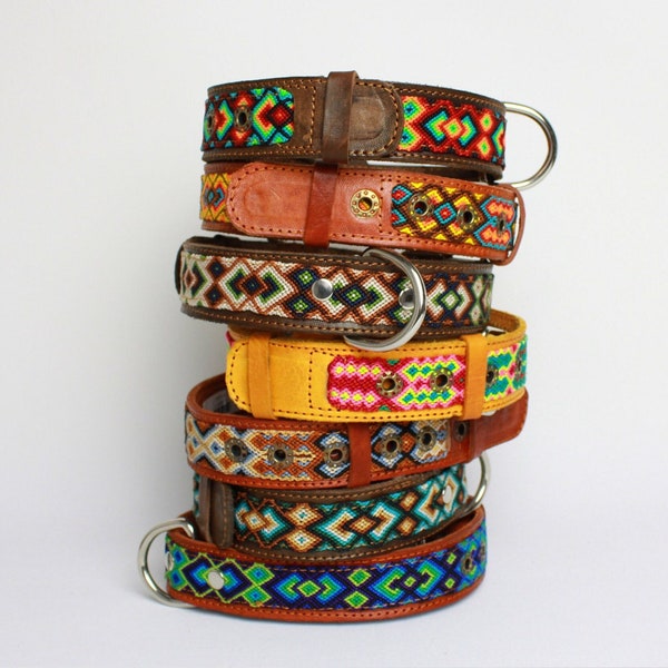 Hundehalsband XL breit 60 cm aus Leder, Halsumfang 49 cm - 56 cm, mexikanisches boho Muster handgefertigt Geschenk Geburtstag Ostern