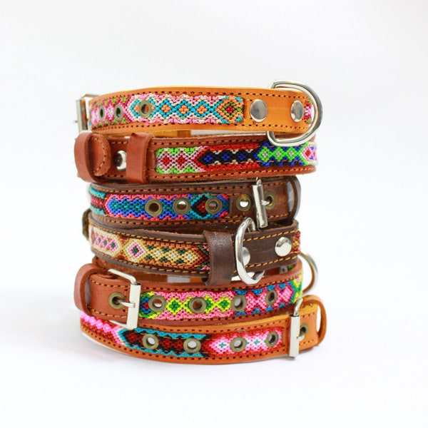 Hundehalsband S 35 cm bunt aus Leder Umfang 25-33 cm handbestickt boho Halsband Mexiko für kleinen Hund Geschenk Muttertag Geburtstag