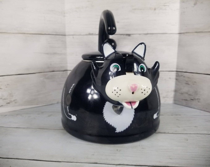 Vintage Kamenstein Enamel Black Cat Kitty Tea Kettle Whistling Etsy