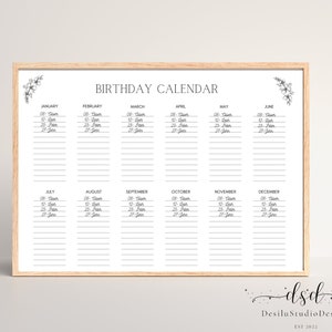 Birthday Printable Perpetual Birthday Editable Calendar Minimalist Reusable Template Birthday Reminder Calendar with Balloons Download,