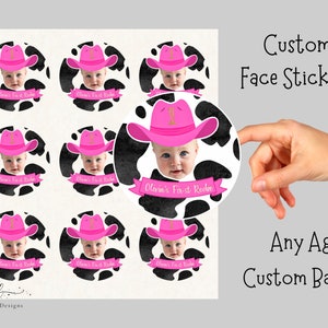 Adesivos de rosto de cowgirl, lembrancinhas de festa personalizadas, topper com foto de rosto personalizada, despedida de solteira rosa, festa de rodeio, etiquetas de primeiro aniversário, decorações de 30 e 40 anos