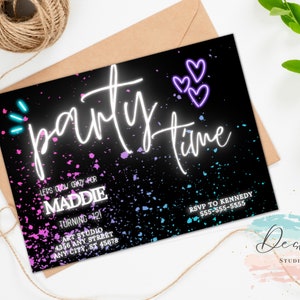 Neon Glow Birthday Party Invitation Editable Template Party Time Glow Birthday Fun Bright Neon Light Instant Download Birthday Invite