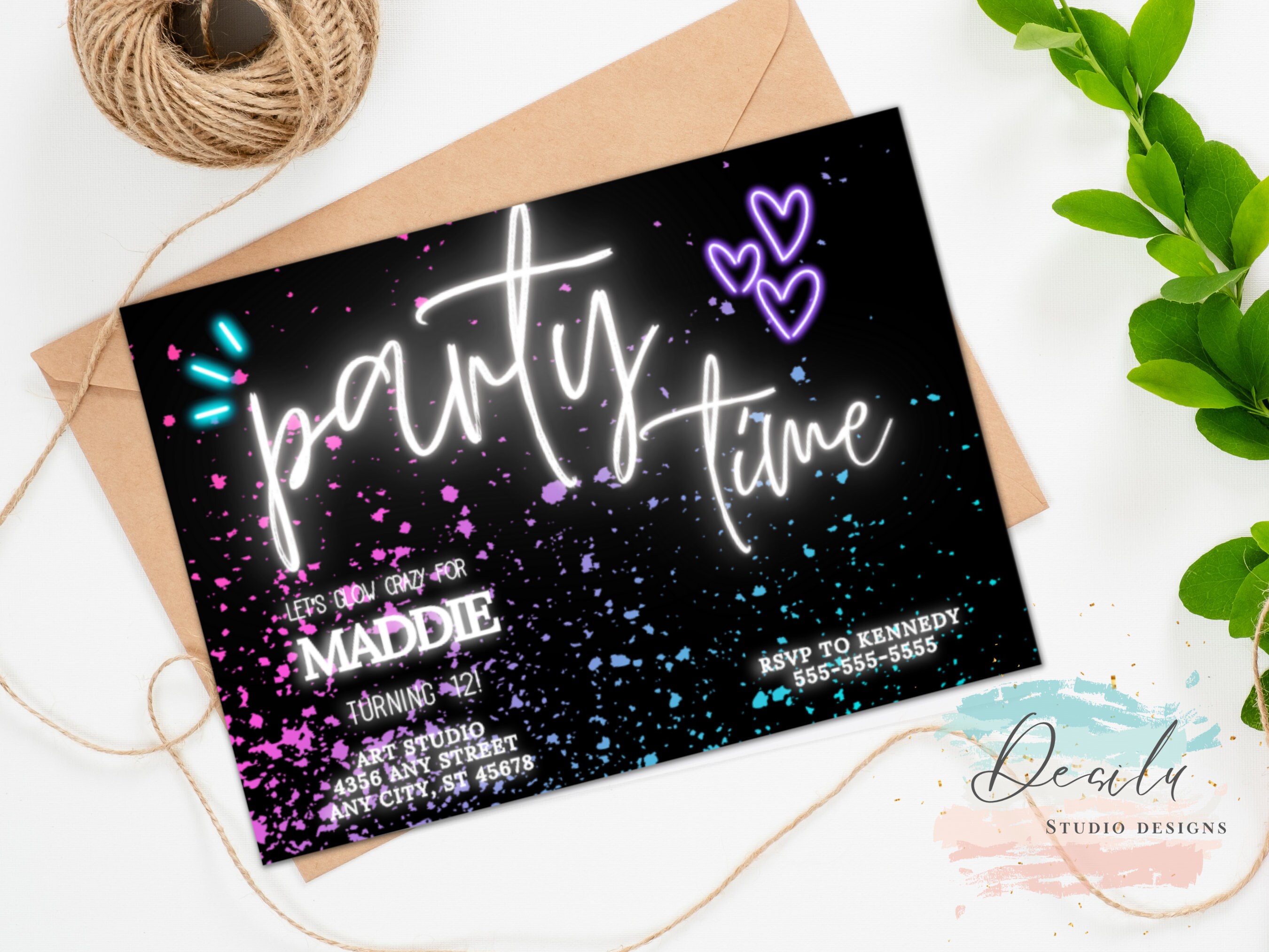 Neon Glow Birthday Party Invitation Editable Template Party Time Glow Birthday Fun Bright Neon Light Instant Download