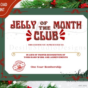 National Lampoon’s Christmas Vacation, Jelly of the Month Club Certificate, Digital Download or Printed, Red, Funny Christmas, Gag Gift