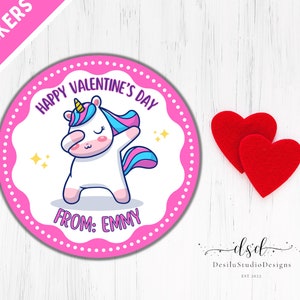 Valentijnsdagstickers eenhoorn, custom en personaliseer, 2,4-inch stickers, gedrukt en verzonden, Fun Kids Valentine