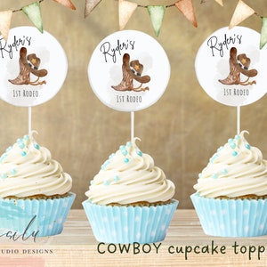 Cowboy, My 1st Rodeo Birthday Cupcake Toppers, Wild West First Birthday Editable Template, Instant Download, Cupcake Circle Cowboy