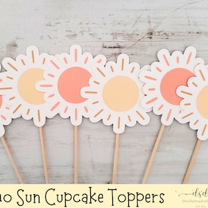 Boho Sun Cupcake Toppers, First trip Toppers, Golden Sun Cupcake Toppers, Neutral Sun Cupcake Toppers Birthday, Sunshine Red Yellow Cupcake
