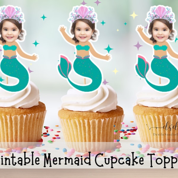 Mermaid Face Photo Cupcake Toppers Printable, Cupcake Face Toppers, Mermaid Toppers, Birthday Mermaid Party Decor, Cupcake Toppers, Mermaid