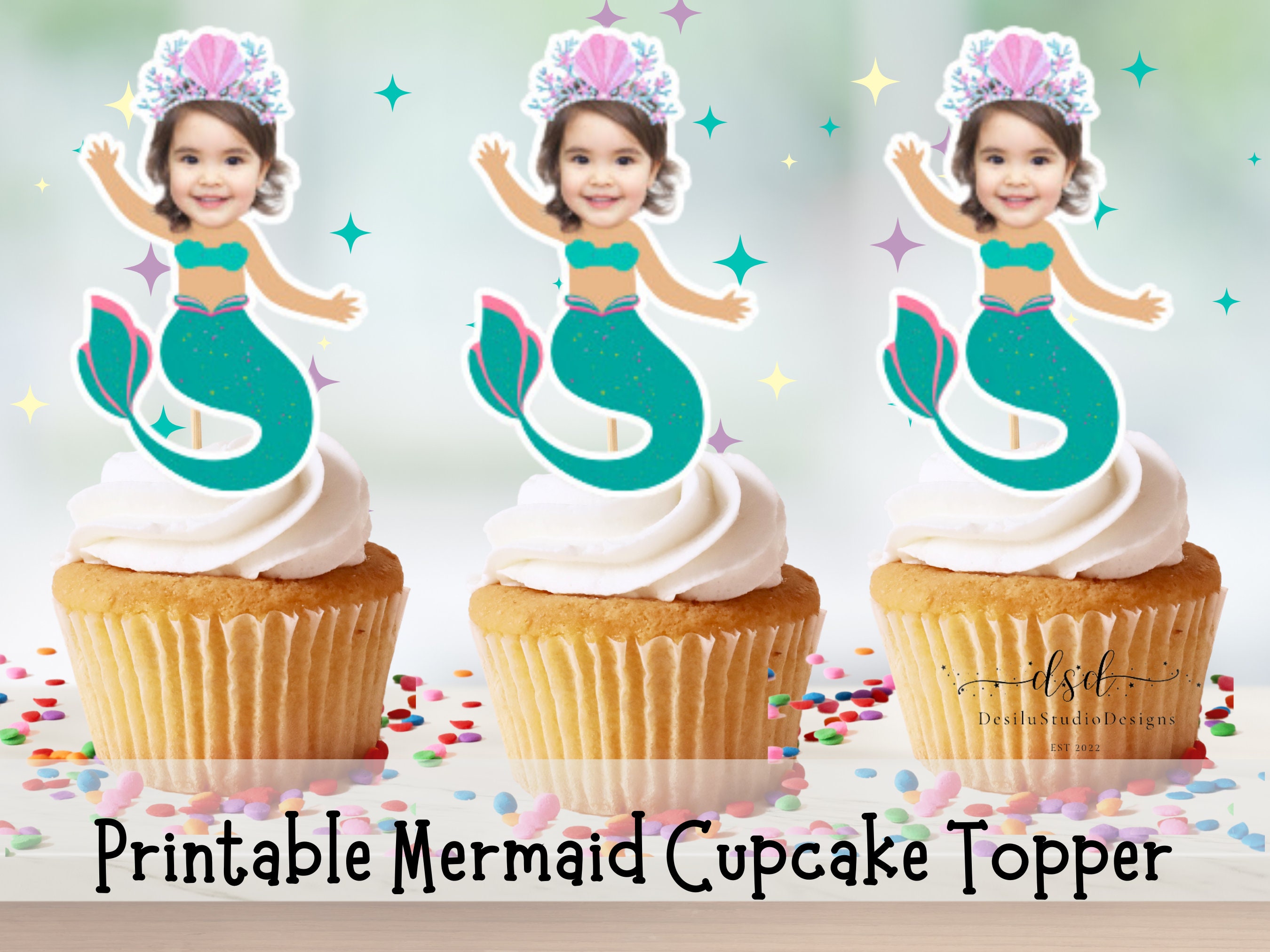 Mermaid Face Photo Cupcake Toppers Printable, Cupcake Face Toppers, Mermaid Toppers, Birthday Mermaid Party Decor, Cupcake Toppers, Mermaid