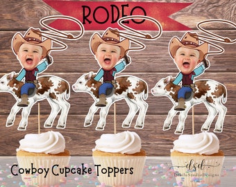 Custom Rodeo Cupcake Toppers, Photo Face Cowboy Party (Digital File), Cow Rider