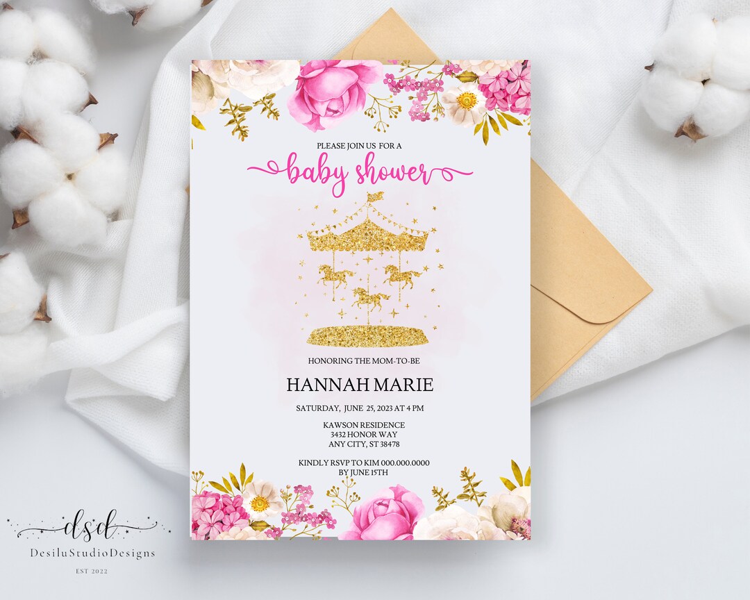 Editable Carousel Invitation, Pink Floral Gold Printable, Watercolor
