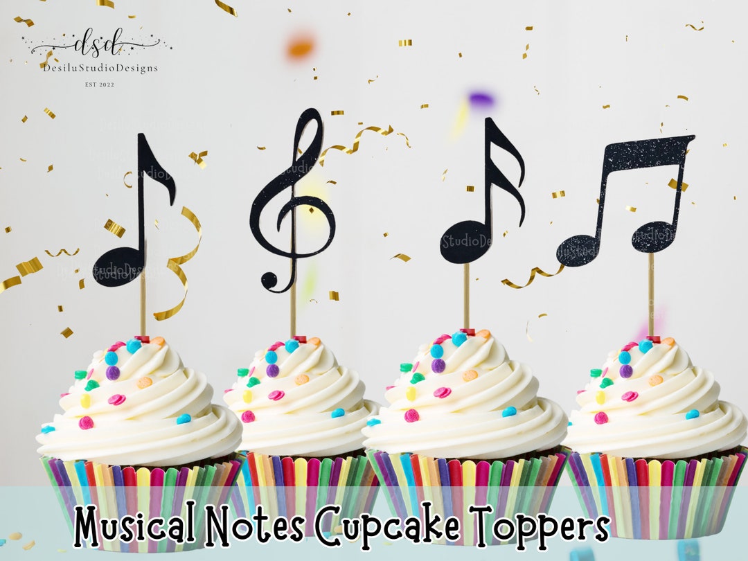 Musical Notes Cupcake Toppers, Music Notes Glitter Toppers, Black Music