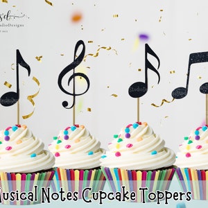 Decorazioni per cupcake con note musicali, decorazioni glitterate con note musicali, note musicali nere, decorazioni argentate con note musicali, decorazioni dorate