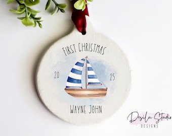 Personalized Sailboat First Christmas Ornament 2025 | Nautical Baby Ornament | Custom Name Ornament | Boy’s First Christmas Gift | Boat