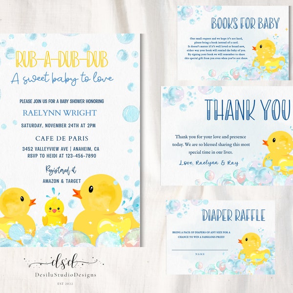 Rubber Ducky Baby Shower Invitation Set, Rub a Dub Dub Baby Shower, Editable Unisex Baby Shower Invite, Baby Duckling Baby Shower Invite