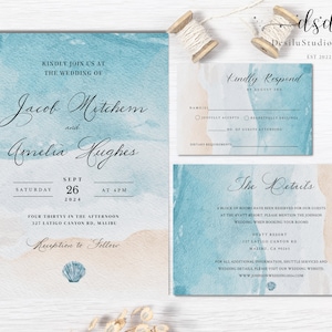 Beach Wedding invitation template Set, Coastal, Invitation RSVP Details Card, sided printable invitation, diy wedding, Destination
