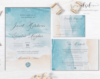 Coastal Wedding Invitation Set, Beach Theme, RSVP & Details Card (Printable)